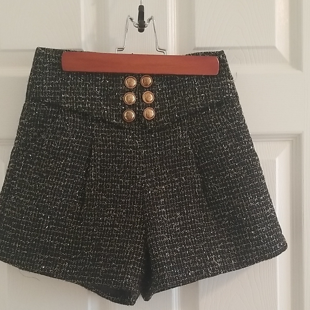 J.ING Black High Waist Shorts with Sophisticated Texture. Beautiful Gold Buttons